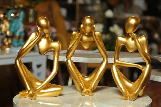 The Thinker Statue Abstract Sculpture 3 pieces in golden color