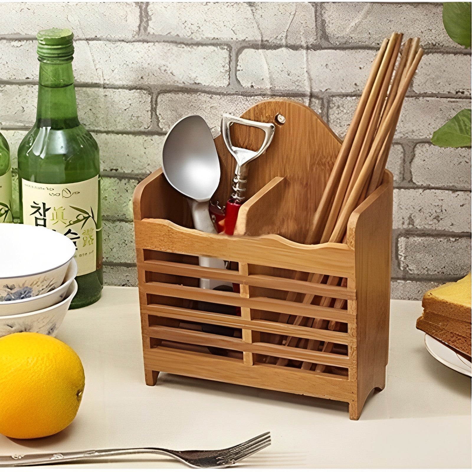 Bamboo Chopstick Basket with Wooden Mini Spoon Holder for Kitchen"